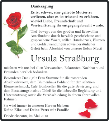 Traueranzeige von Ursula Straßburg von Super Sonntag Quedlinburg
