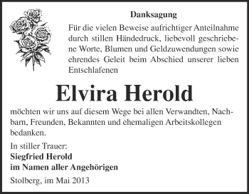 Traueranzeige von Elvira Herold von WVG - Wochenspiegel Quedlinburg