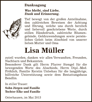 Traueranzeige von Lisa Müller von WVG - Wochenspiegel SGH