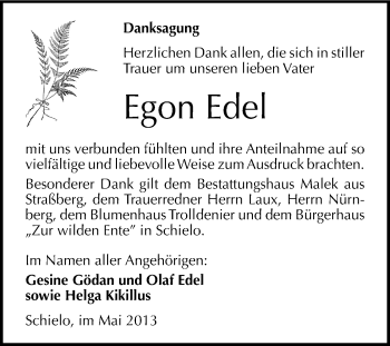 Traueranzeige von Egon Edel von WVG - Wochenspiegel Quedlinburg