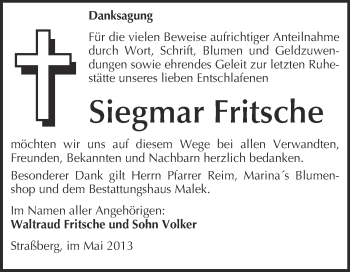 Traueranzeige von Siegmar Fritsche von WVG - Wochenspiegel Quedlinburg