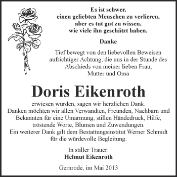 Traueranzeige von Doris Eikenroth von WVG - Wochenspiegel Quedlinburg