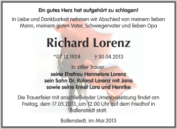 Traueranzeige von Richard Lorenz von WVG - Wochenspiegel Quedlinburg