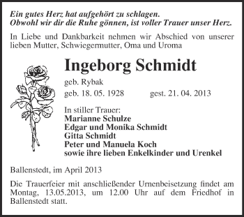 Traueranzeige von Ingeborg Schmidt von WVG - Wochenspiegel Quedlinburg