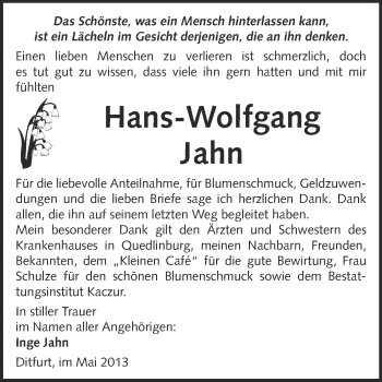 Traueranzeige von Hans-Wolfgang Jahn von WVG - Wochenspiegel Quedlinburg