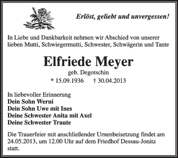 Traueranzeige von Elfriede Meyer von Super Sonntag Dessau / Köthen