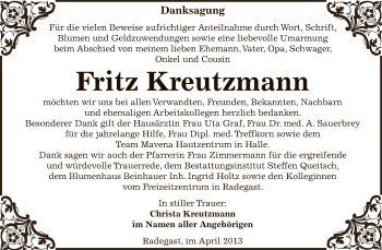Traueranzeige von Fritz Kreutzmann von WVG - Wochenspiegel Dessau / Köthen