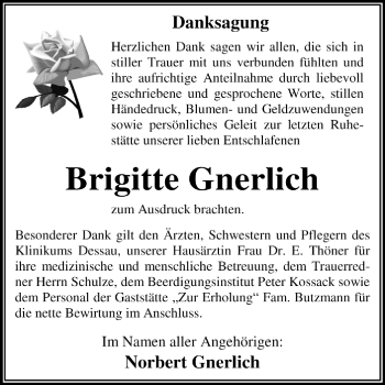 Traueranzeige von Brigitte Gnerlich von Super Sonntag Dessau / Köthen