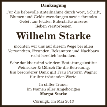 Traueranzeige von Wilhelm Starke von Super Sonntag Bernburg