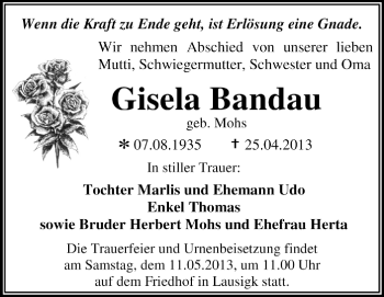 Traueranzeige von Gisela Bandau von Super Sonntag Dessau / Köthen