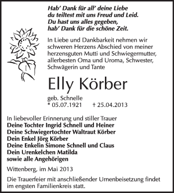 Traueranzeige von Elly Körber von WVG - Wochenspiegel Wittenberg