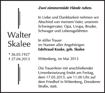Traueranzeige von Walter Skalee von WVG - Wochenspiegel Wittenberg