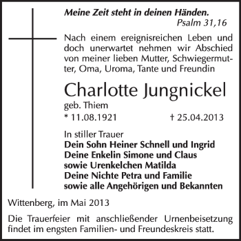 Traueranzeige von Charlotte Jungnickel von WVG - Wochenspiegel Wittenberg