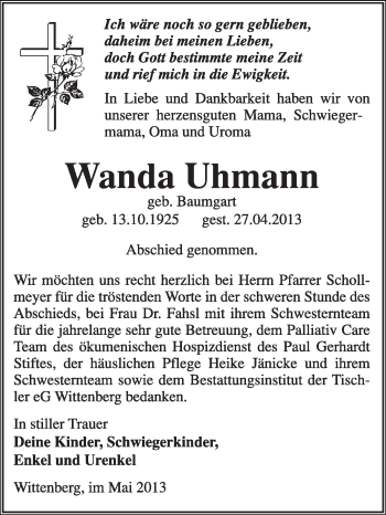 Traueranzeige von Wanda Uhmann von WVG - Wochenspiegel Wittenberg