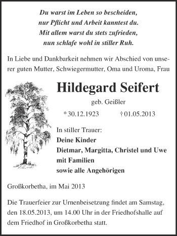 Traueranzeige von Hildegard Seifert von WVG - Wochenspiegel NMB / WSF / ZTZ