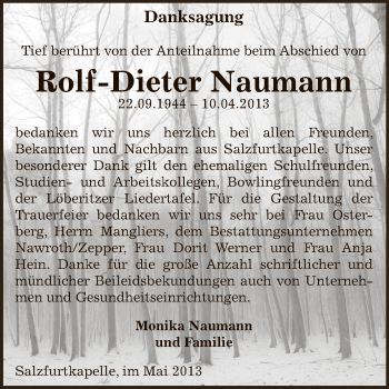 Traueranzeige von Rolf-Dieter Naumann von WVG - Wochenspiegel Bitterfeld