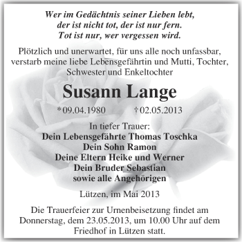 Traueranzeige von Susann Lange von Super Sonntag Merseburg