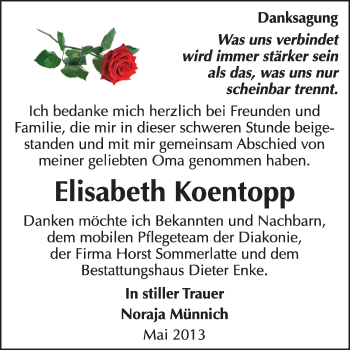 Traueranzeige von Elisabeth Koentopp von Super Sonntag Dessau / Köthen