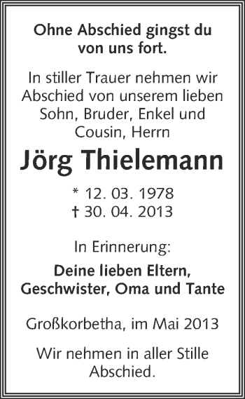 Traueranzeige von Jörg Thielemann von WVG - Wochenspiegel NMB / WSF / ZTZ