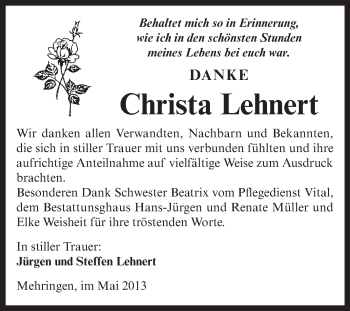 Traueranzeige von Christa Lehnert von WVG - Wochenspiegel Aschersleben