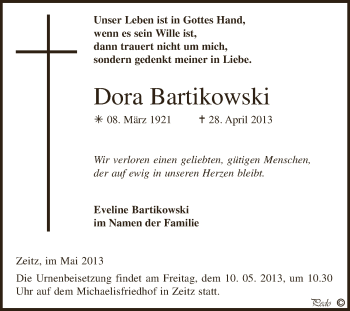 Traueranzeige von Dora Bartikowski von Super Sonntag Zeitz