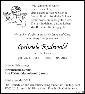 Traueranzeige von Gabriele Rodewald von WVG - Wochenspiegel NMB / WSF / ZTZ