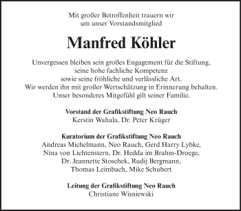 Traueranzeige von Manfred Köhler von Super Sonntag Aschersleben