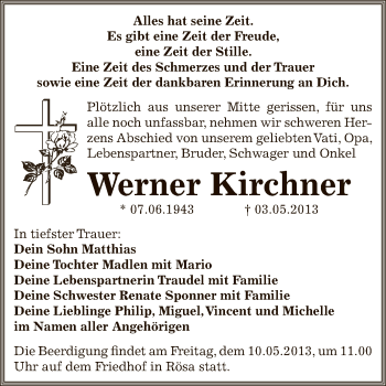 Traueranzeige von Werner Kirchner von WVG - Wochenspiegel Bitterfeld