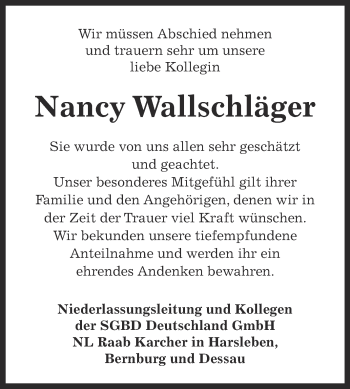 Traueranzeige von Nancy Wallschläger von WVG - Wochenspiegel Bernburg