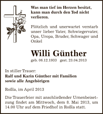 Traueranzeige von Willi Günther von Super Sonntag SGH Mansf. Land