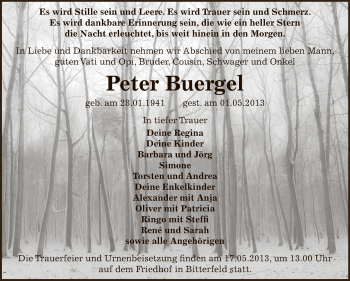 Traueranzeige von Peter Buergel von WVG - Wochenspiegel Bitterfeld