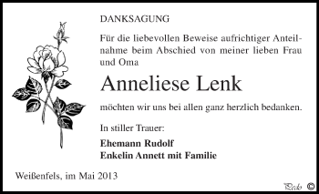 Traueranzeige von Anneliese Lenk von WVG - Wochenspiegel NMB / WSF / ZTZ