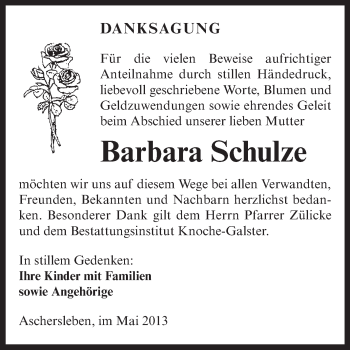 Traueranzeige von Barbara Schulze von WVG - Wochenspiegel Aschersleben