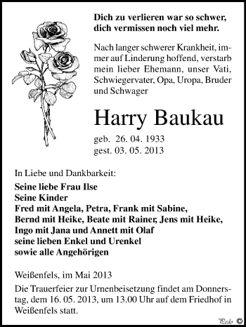Traueranzeige von Harry Baukau von WVG - Wochenspiegel NMB / WSF / ZTZ