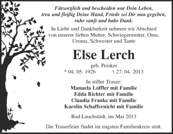 Traueranzeige von Else Lerch von WVG - Wochenspiegel Merseburg