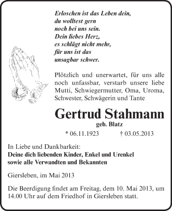 Traueranzeige von Gertrud Stahmann von WVG - Wochenspiegel Aschersleben
