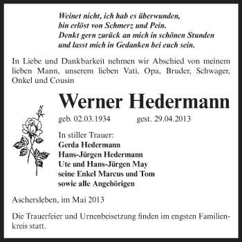 Traueranzeige von Werner Hedermann von Super Sonntag Aschersleben