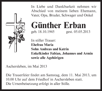 Traueranzeige von Günther Erban von WVG - Wochenspiegel Aschersleben