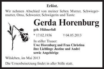 Traueranzeige von Gerda Horenburg von WVG - Wochenspiegel Aschersleben