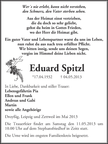 Traueranzeige von Eduard Spitzl von WVG - Wochenspiegel NMB / WSF / ZTZ