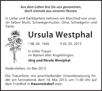 Traueranzeige von Ursula Westphal von WVG - Wochenspiegel Quedlinburg