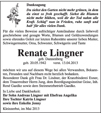 Traueranzeige von Renate Linger von Super Sonntag Dessau / Köthen