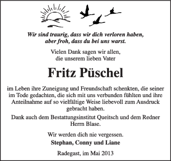 Traueranzeige von Fritz Püschel von Super Sonntag Dessau / Köthen