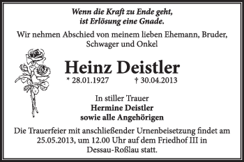 Traueranzeige von Heinz Deistler von Super Sonntag Dessau / Köthen