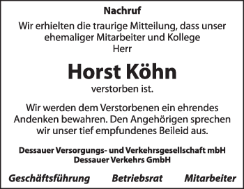 Traueranzeige von Horst Köhn von Super Sonntag Dessau / Köthen