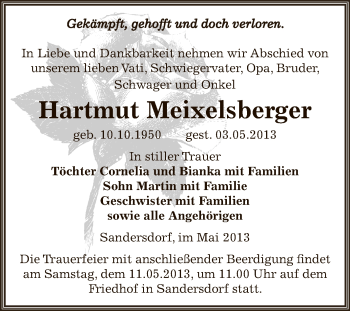 Traueranzeige von Hartmut Meixelsberger von WVG - Wochenspiegel Bitterfeld