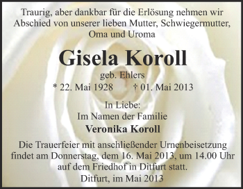 Traueranzeige von Gisela Koroll von WVG - Wochenspiegel Quedlinburg