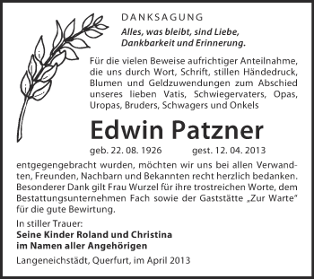 Traueranzeige von Edwin Patzner von WVG - Wochenspiegel Merseburg