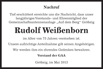 Traueranzeige von Rudolf Weißenborn von WVG - Wochenspiegel Dessau / Köthen