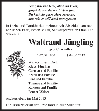 Traueranzeige von Waltraud Jüngling von Super Sonntag Aschersleben